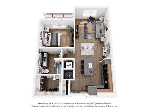 Floor plan for 1 bed, 1 bath, 847 sqft